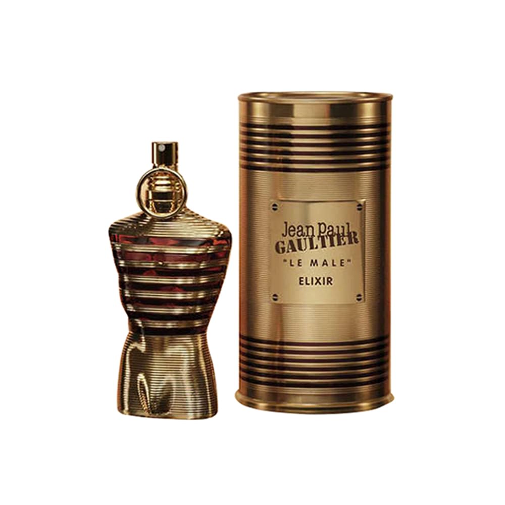 Gold perfume bottle and packaging of Jean Paul Gaultier Le Male Elixir on a white background